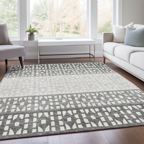 HomeRoots 5' X 8' Gray & Silver Geometric Washable Area Rug with UV Protection for Stylish High-Traffic Spaces 676334
