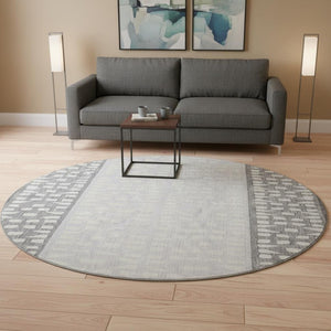 HomeRoots 8' Gray and Silver Geometric Round Rug - Washable, UV Protected, Stylish, Durable for High-Traffic Areas 676335