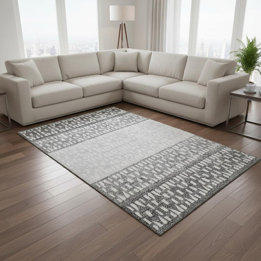 HomeRoots 8' X 10' Gray & Silver Geometric Area Rug - Washable, UV-Protected, Stylish & Durable for Homes 676336