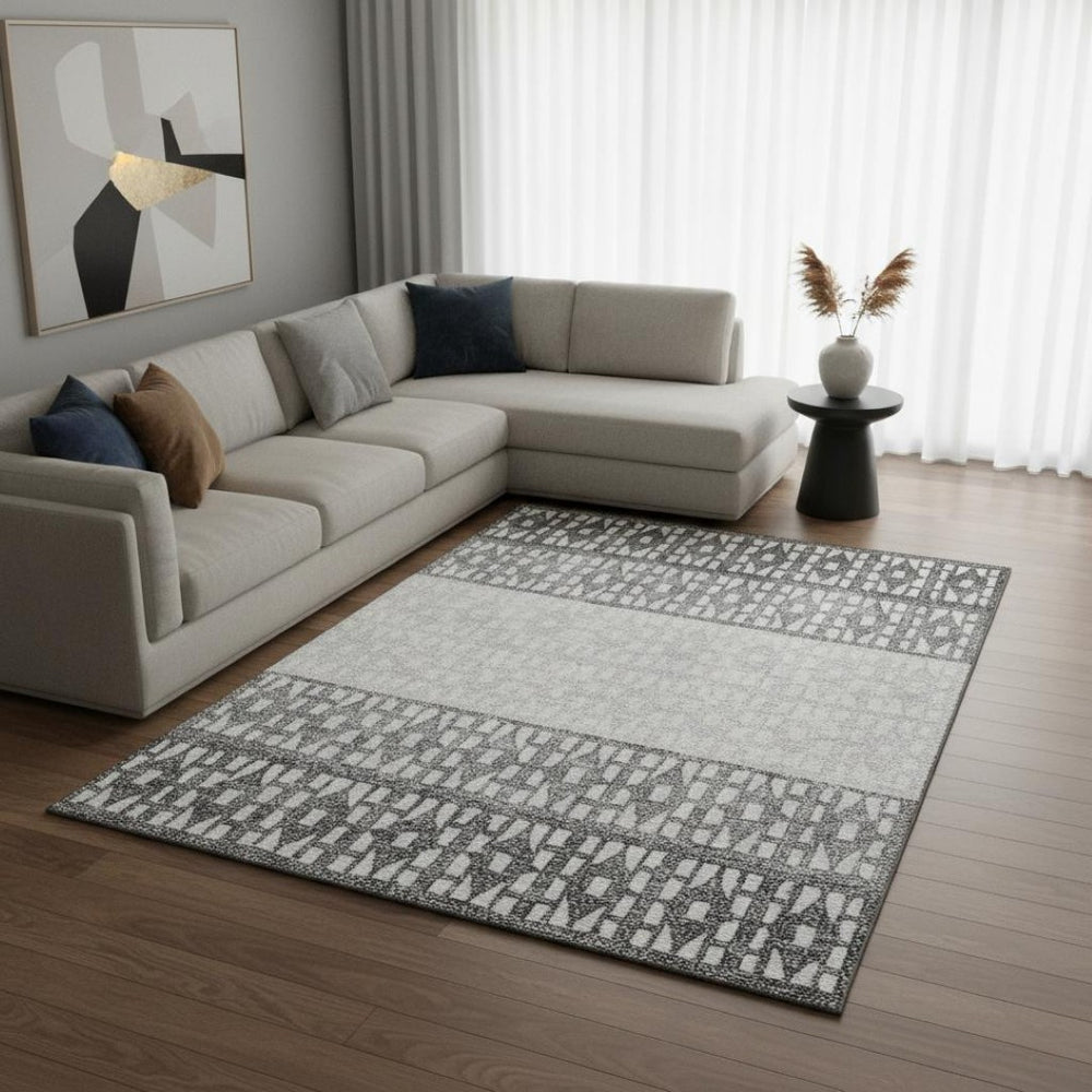 HomeRoots 9' X 12' Stylish Gray & Silver Geometric Area Rug - Washable, UV-Protected, Perfect for Busy Homes! 676337