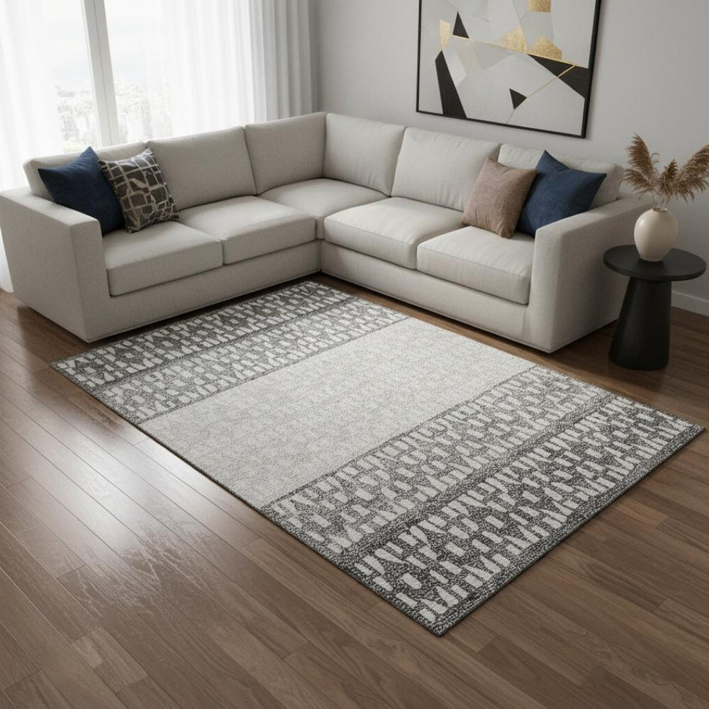 HomeRoots 10' X 14' Gray and Silver Geometric Area Rug – Washable, UV Protected, Perfect for Modern Living Spaces 676338