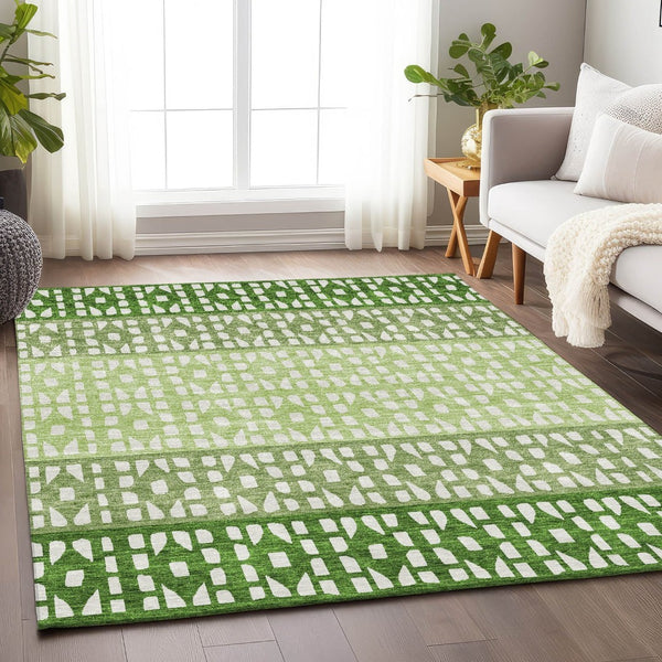 HomeRoots 5' X 8' Green And Ivory Geometric Area Rug - Washable, UV-Protected, Durable, Modern Design for Homes 676340