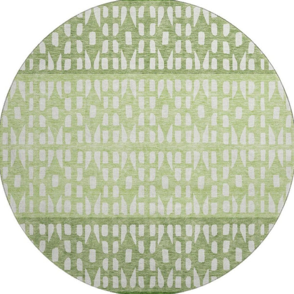 HomeRoots 8' Green And Ivory Geometric Round Rug – Washable, UV Protected, Stain-Resistant, Durable Design 676341