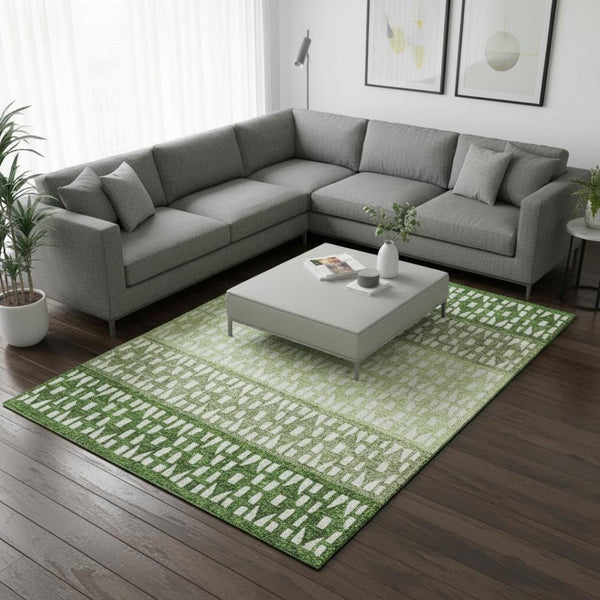 HomeRoots 8' X 10' Contemporary Green and Ivory Geometric Area Rug – Washable, Stain Resistant & UV Protected 676342