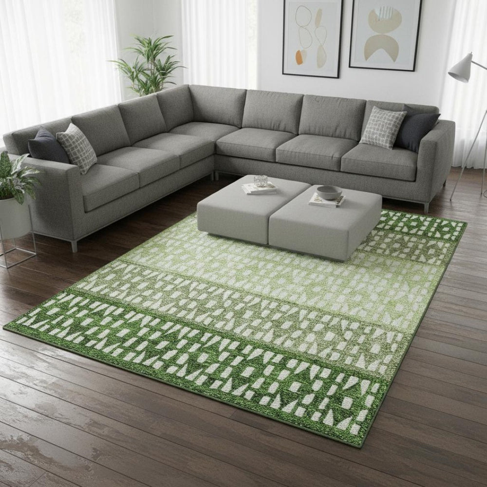 HomeRoots 10' X 14' Washable Green Ivory Geometric Area Rug with UV Protection for Stylish, Family-Friendly Spaces 676344