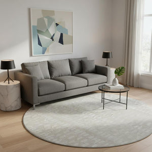 HomeRoots 8' Ivory and Beige Geometric Round Rug – Washable, UV-Protected, Stain-Resistant for Modern Spaces 676347