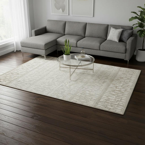 HomeRoots 8' X 10' Ivory and Beige Geometric Area Rug – Washable, Stain-Resistant, UV Protected for Durability 676348
