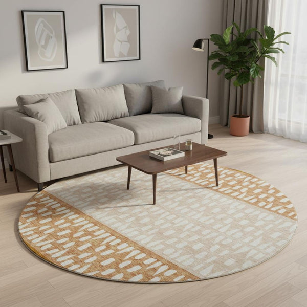 HomeRoots 8' Washable Round Rug in Rust and Ivory with Geometric Design, UV Protection & Stain Resistance 676353