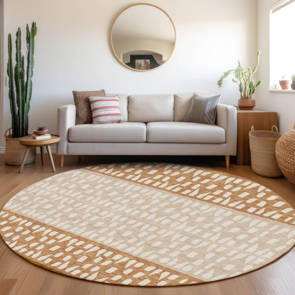 HomeRoots 8' Washable Round Rug in Rust and Ivory with Geometric Design, UV Protection & Stain Resistance 676353