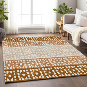 HomeRoots 10' X 14' Stylish Rust & Ivory Geometric Area Rug – Washable, UV-Protected, Perfect for Busy Homes! 676356