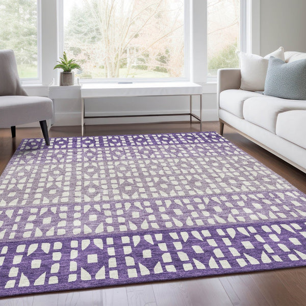 HomeRoots 5' X 8' Purple & Ivory Geometric Area Rug - Washable, UV Protected, Stylish for High-Traffic Spaces 676358