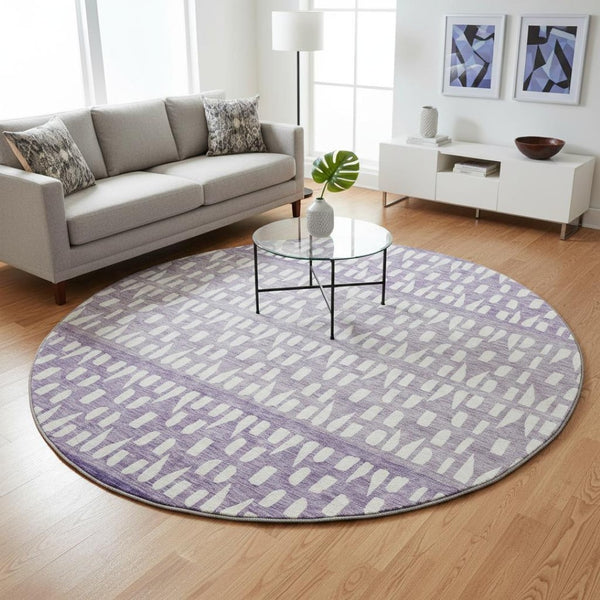 HomeRoots 8' Purple & Ivory Geometric Round Rug - Washable, UV Protected, Durable for High-Traffic Areas 676359