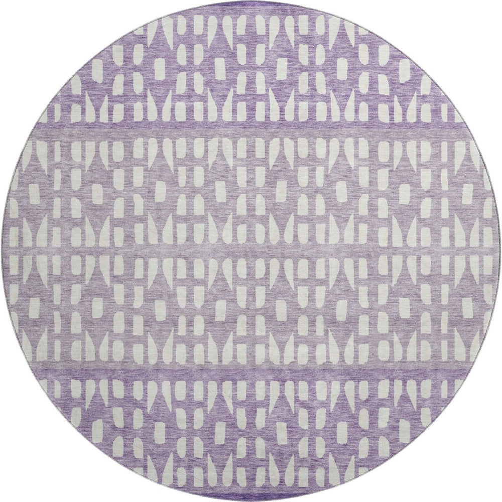 HomeRoots 8' Purple & Ivory Geometric Round Rug - Washable, UV Protected, Durable for High-Traffic Areas 676359