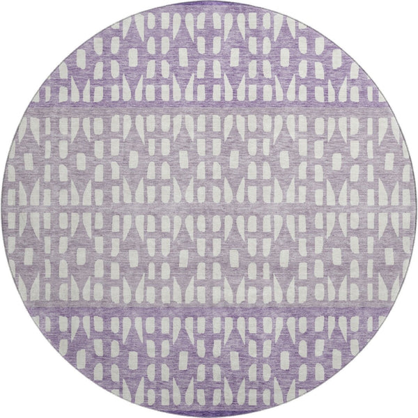 HomeRoots 8' Purple & Ivory Geometric Round Rug - Washable, UV Protected, Durable for High-Traffic Areas 676359