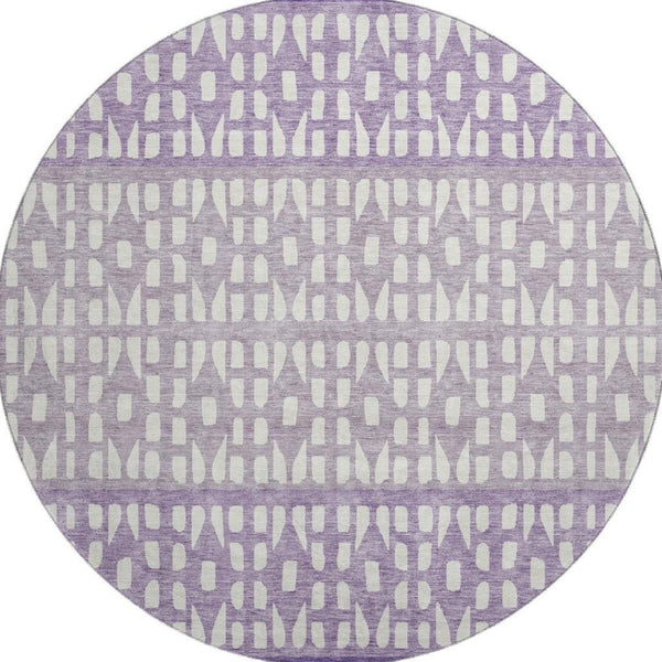 HomeRoots 8' Purple & Ivory Geometric Round Rug - Washable, UV Protected, Durable for High-Traffic Areas 676359