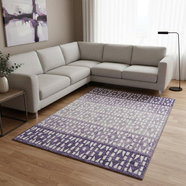 HomeRoots 9' X 12' Stylish Purple & Ivory Geometric Washable Area Rug with UV Protection for High-Traffic Homes 676361