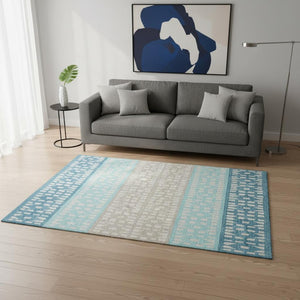 HomeRoots 5' X 8' Stylish Teal Beige Ivory Geometric Washable Area Rug – Durable, UV Protected & Easy Care! 676364