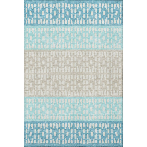 HomeRoots 5' X 8' Stylish Teal Beige Ivory Geometric Washable Area Rug – Durable, UV Protected & Easy Care! 676364