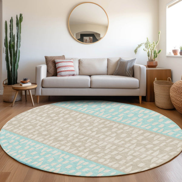 HomeRoots 8' Teal Beige Ivory Washable Round Rug - Modern Geometric Design with UV Protection for Homes 676365