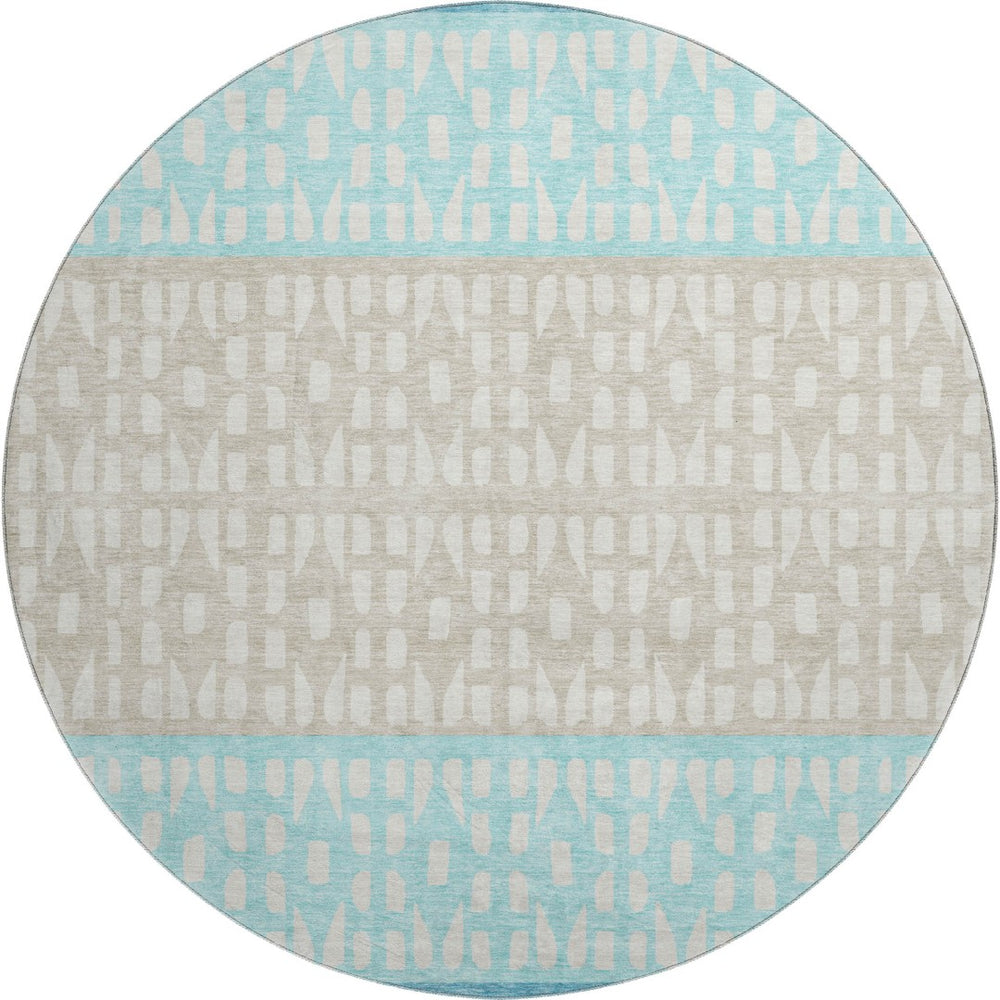 HomeRoots 8' Teal Beige Ivory Washable Round Rug - Modern Geometric Design with UV Protection for Homes 676365