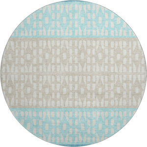 HomeRoots 8' Teal Beige Ivory Washable Round Rug - Modern Geometric Design with UV Protection for Homes 676365