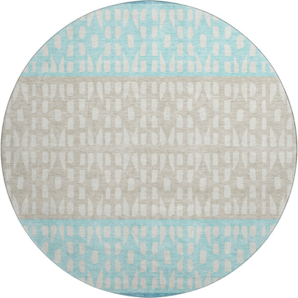 HomeRoots 8' Teal Beige Ivory Washable Round Rug - Modern Geometric Design with UV Protection for Homes 676365