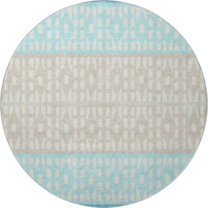 HomeRoots 8' Teal Beige Ivory Washable Round Rug - Modern Geometric Design with UV Protection for Homes 676365