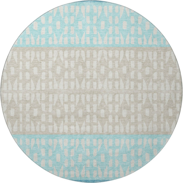 HomeRoots 8' Teal Beige Ivory Washable Round Rug - Modern Geometric Design with UV Protection for Homes 676365