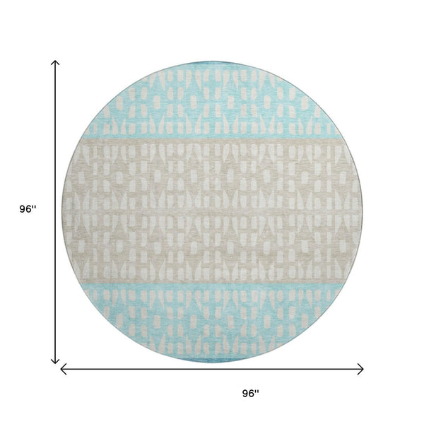 HomeRoots 8' Teal Beige Ivory Washable Round Rug - Modern Geometric Design with UV Protection for Homes 676365