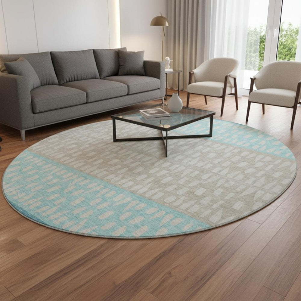 HomeRoots 8' Teal Beige Ivory Washable Round Rug - Modern Geometric Design with UV Protection for Homes 676365
