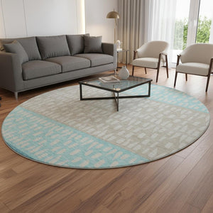 HomeRoots 8' Teal Beige Ivory Washable Round Rug - Modern Geometric Design with UV Protection for Homes 676365