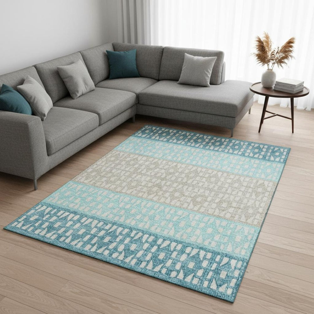 HomeRoots 8' X 10' Stylish Teal Beige Ivory Area Rug - Washable, Durable, UV Protected for Family-Friendly Spaces 676366