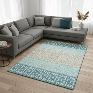 HomeRoots 9' X 12' Teal Beige Ivory Geometric Area Rug - Washable, UV-Protected, Stylish & Durable Design 676367