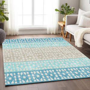 HomeRoots 9' X 12' Teal Beige Ivory Geometric Area Rug - Washable, UV-Protected, Stylish & Durable Design 676367