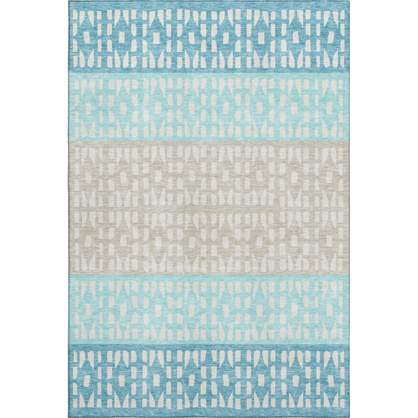 HomeRoots 9' X 12' Teal Beige Ivory Geometric Area Rug - Washable, UV-Protected, Stylish & Durable Design 676367