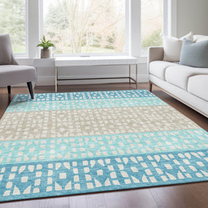 HomeRoots 9' X 12' Teal Beige Ivory Geometric Area Rug - Washable, UV-Protected, Stylish & Durable Design 676367