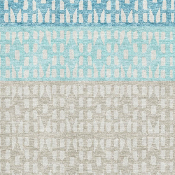 HomeRoots 9' X 12' Teal Beige Ivory Geometric Area Rug - Washable, UV-Protected, Stylish & Durable Design 676367