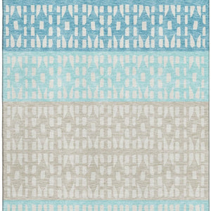 HomeRoots 9' X 12' Teal Beige Ivory Geometric Area Rug - Washable, UV-Protected, Stylish & Durable Design 676367