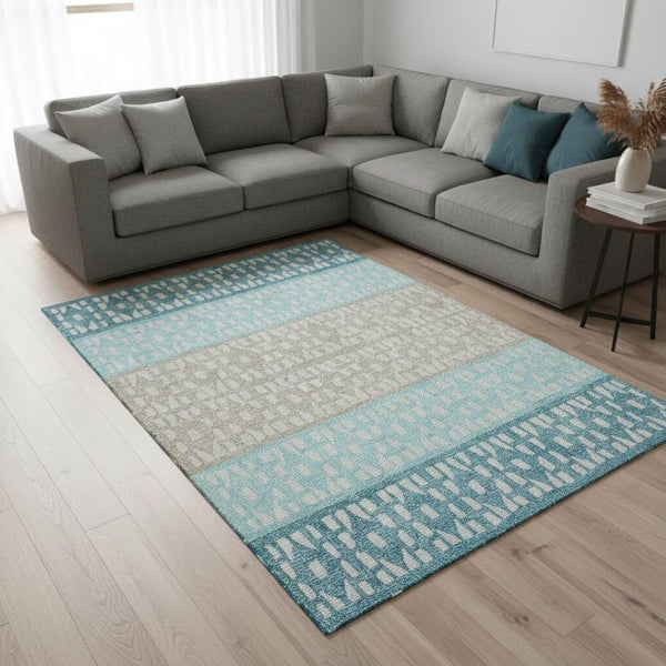 HomeRoots 10' Teal Beige & Ivory Geometric Area Rug - Washable, UV Protected, Durable, Perfect for High-Traffic Spaces 676368