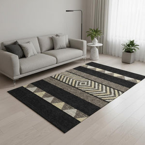 HomeRoots 5' X 8' Southwestern Washable Area Rug in Black, Ivory & Wheat - Stain Resistant & UV Protected! 676376