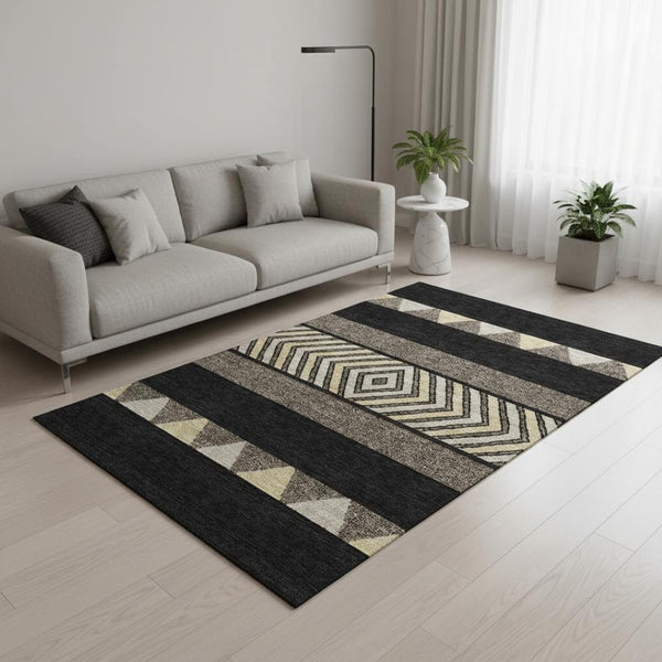 HomeRoots 5' X 8' Southwestern Washable Area Rug in Black, Ivory & Wheat - Stain Resistant & UV Protected! 676376