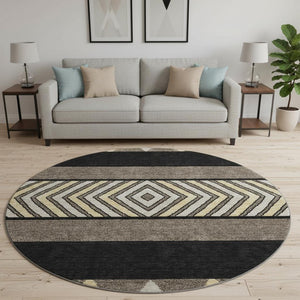 HomeRoots 8' Southwestern Washable Round Rug - Black, Ivory & Wheat, UV Protected, Durable & Stylish Design 676377
