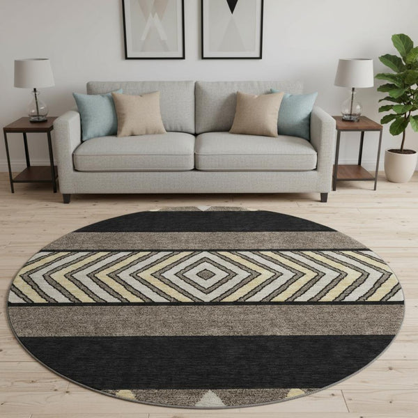 HomeRoots 8' Southwestern Washable Round Rug - Black, Ivory & Wheat, UV Protected, Durable & Stylish Design 676377