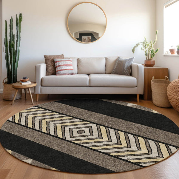 HomeRoots 8' Southwestern Washable Round Rug - Black, Ivory & Wheat, UV Protected, Durable & Stylish Design 676377