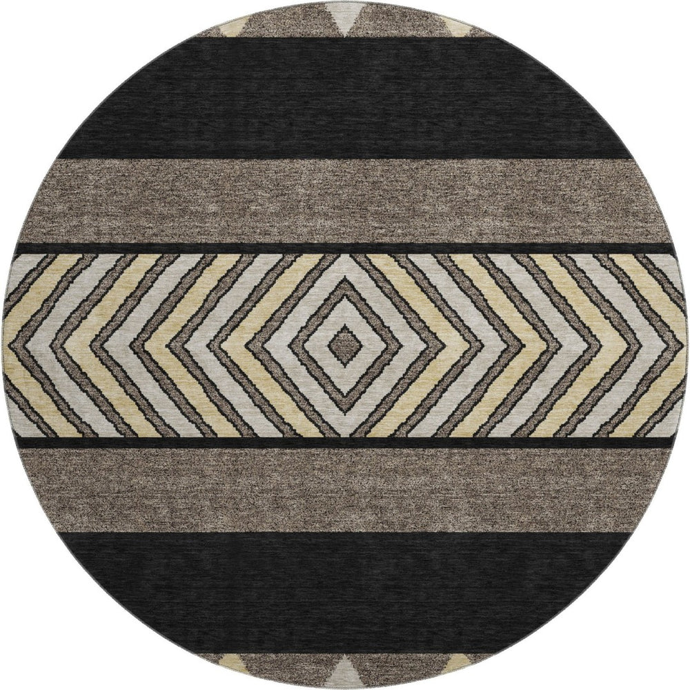 HomeRoots 8' Southwestern Washable Round Rug - Black, Ivory & Wheat, UV Protected, Durable & Stylish Design 676377