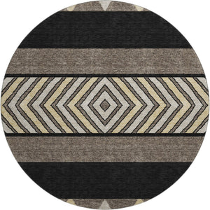 HomeRoots 8' Southwestern Washable Round Rug - Black, Ivory & Wheat, UV Protected, Durable & Stylish Design 676377