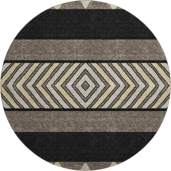 HomeRoots 8' Southwestern Washable Round Rug - Black, Ivory & Wheat, UV Protected, Durable & Stylish Design 676377