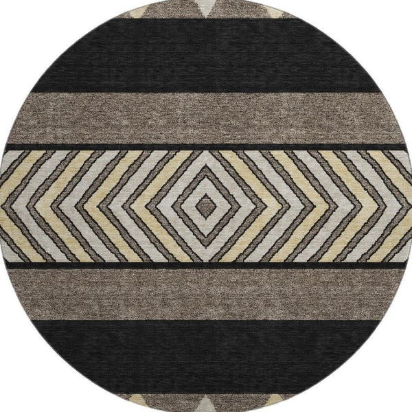 HomeRoots 8' Southwestern Washable Round Rug - Black, Ivory & Wheat, UV Protected, Durable & Stylish Design 676377
