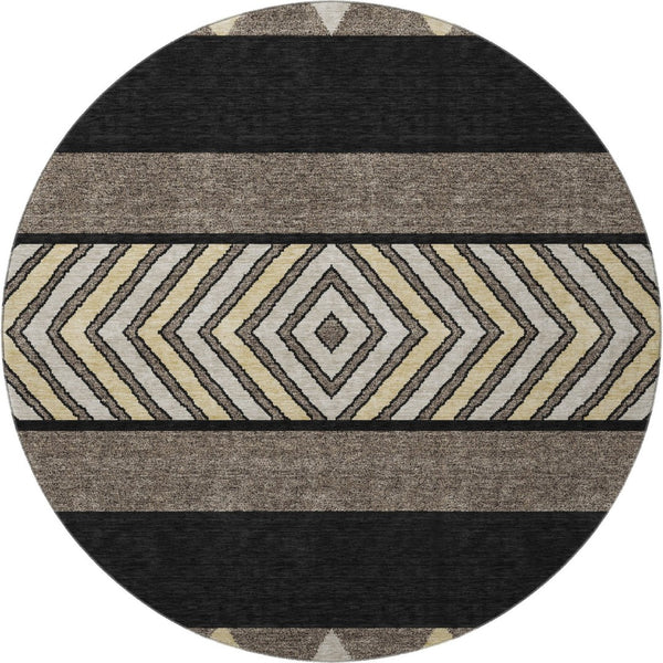 HomeRoots 8' Southwestern Washable Round Rug - Black, Ivory & Wheat, UV Protected, Durable & Stylish Design 676377