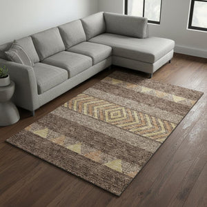 HomeRoots 9' X 12' Southwestern Washable Area Rug in Brown, Wheat & Copper - UV Protected, Stain-Resistant Charm 676385